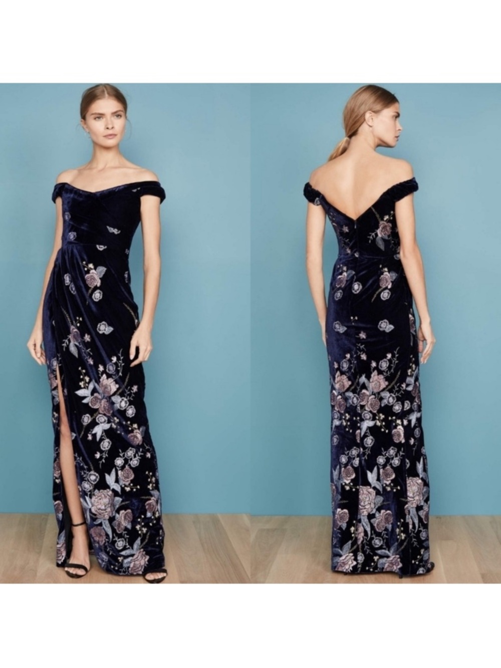 Marchesa Notte Velvet Embroidered Gown Off Shoulder Floral‎ Navy 14 EUC